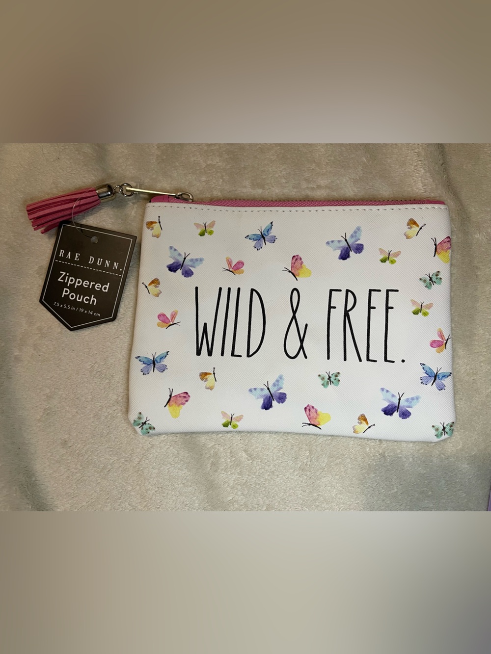 Rae Dunn White Butterfly Zip Pouch with Pink Tassel